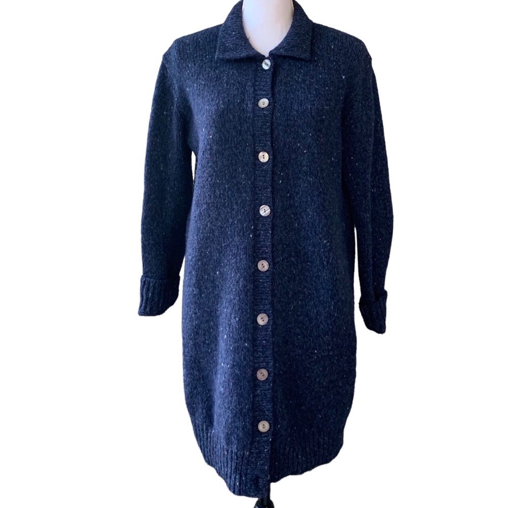 MERCER & MADISON LAMBSWOOL BLUE LONGLINE BUTTON DOWN CARDIGAN SWEATER
